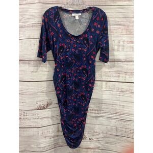 Motherhood Maternity Blue Paisley Red Floral Ruched Side Bodycon Dress Size M